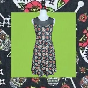 Hot Topic Black Multicolored Sugar Skull Rose Mesh Yoke Skater Mini Dress M